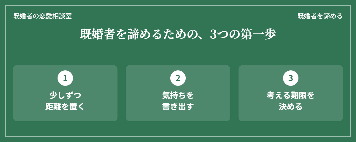 既婚者を諦めるための3つの第一歩（少しずつ距離を置く・気持ちを書き出す・考える期限を決める）