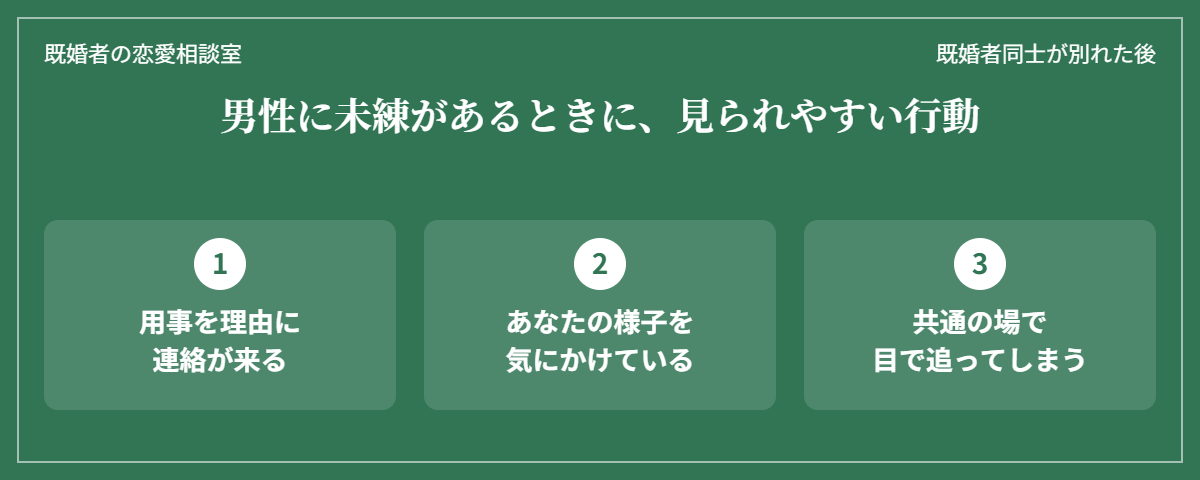 既婚者同士が別れた後、男性に未練があるときに見られやすい行動(用事を理由に連絡が来る・様子を気にかける・共通の場で目で追う)