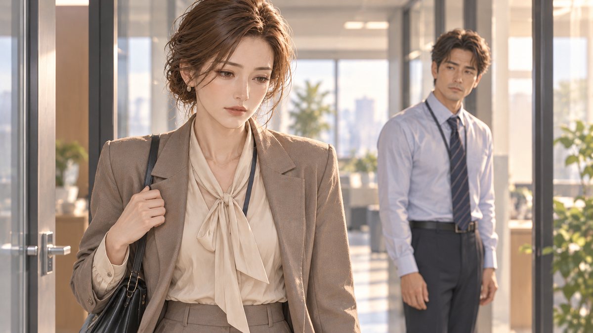 職場で既婚女性のそばに立ち、彼女を見つめる独身男性。本気で好きな男性に見られる態度をイメージした場面