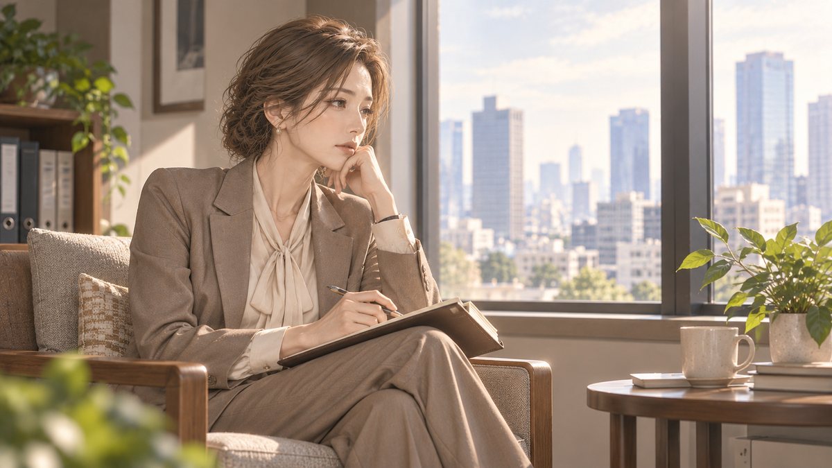 ラウンジでノートに気持ちを書き出す既婚女性。彼の本気を考え続けて疲れたときの整理をイメージした場面
