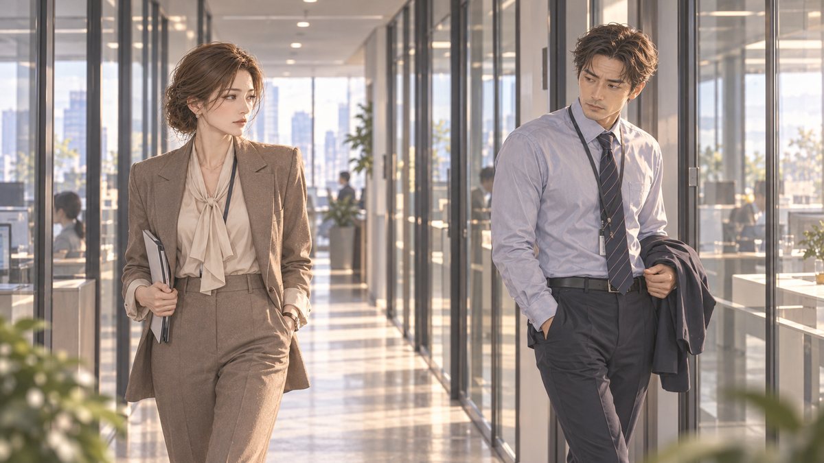 オフィスの廊下を並んで歩く既婚女性と独身男性。両思いかもと感じる二人の雰囲気をイメージした場面