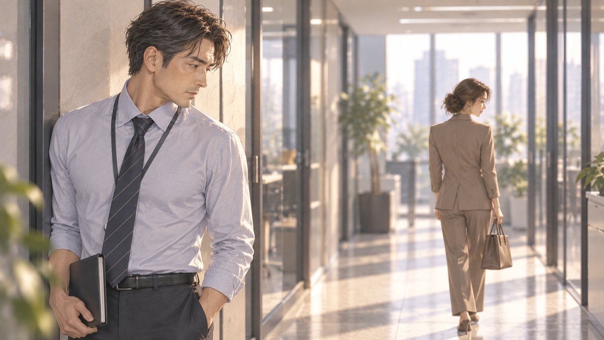 オフィスの廊下で、歩いていく既婚女性を振り返って見る男性。視線に表れる態度をイメージした場面