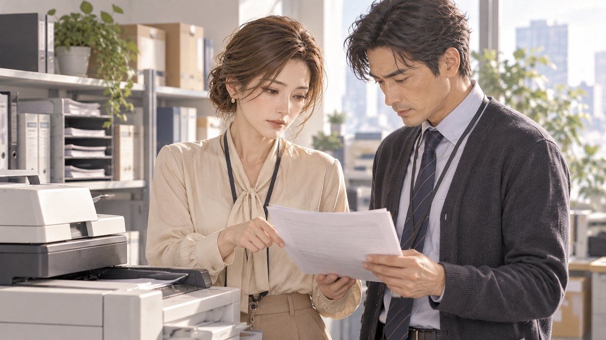 職場で既婚女性と男性が並んで資料を確認している様子。職場で目立ちやすい行動をイメージした場面